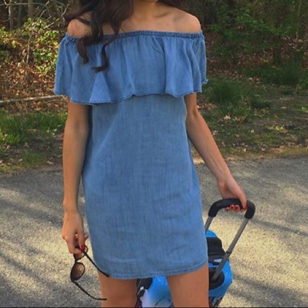 off the shoulder denim dress